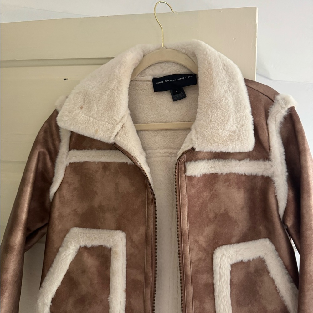 French Connection Brown and Cream Balia Faux Shearling Jacket